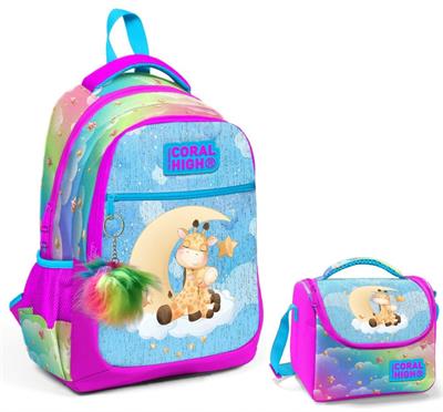 Coral High Pembe Mavi Zürafa Okul Sırt ve Beslenme Çantası Seti - Kız Çocuk