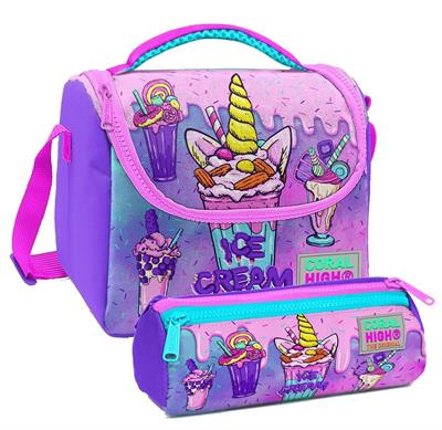 Coral High Pembe Mor Dondurma Desenli Kız Çocuk Isı Yalıtımlı Beslenme Çantası ve Kalemlik Seti