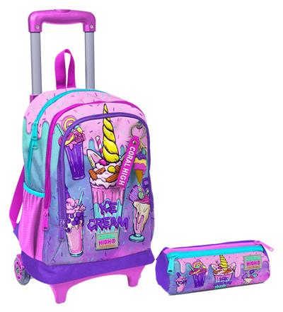 Coral High Pembe Mor Dondurma Işıklı Tekerlekli Çekçek Çanta ve Kalemlik Seti - Kız Çocuk