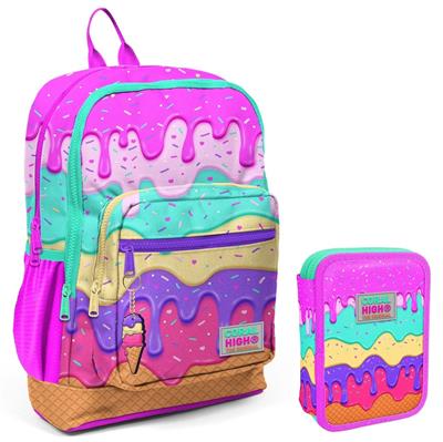 Coral High Pembe Mor Dondurma Kız Çocuk Okul Çantası ve Organizer Kalemlik Seti