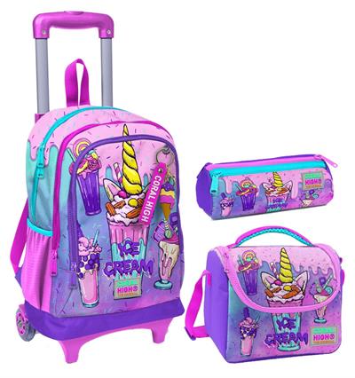 Coral High Pembe Mor Dondurma Üçlü Çekçek Işıklı Tekerlekli Çanta Seti - Kız Çocuk
