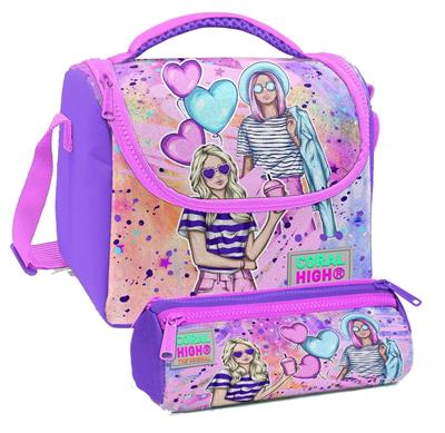 Coral High Pembe Mor Fashion Girl Desenli Kız Çocuk Isı Yalıtımlı Beslenme Çantası ve Kalemlik Seti