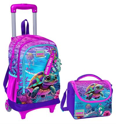 Coral High Pembe Mor Kaplumbağa Işıklı Tekerlekli Okul Çantası ve Beslenme Seti - Kız Çocuk