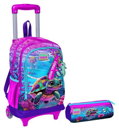 Coral High Pembe Mor Kaplumbağa Işıklı Tekerlekli Çekçek Çanta ve Kalemlik Seti - Kız Çocuk