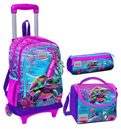 Coral High Pembe Mor Kaplumbağa Üçlü Çekçek Işıklı Tekerlekli Çanta Seti - Kız Çocuk