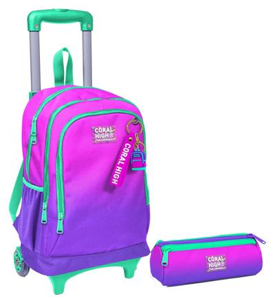 Coral High Pembe Mor Renk Geçişli Işıklı Tekerlekli Çekçek Çanta ve Kalemlik Seti - Kız Çocuk