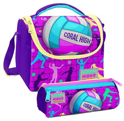 Coral High Pembe Mor Voleybol Desenli Kız Çocuk Isı Yalıtımlı Beslenme Çantası ve Kalemlik Seti