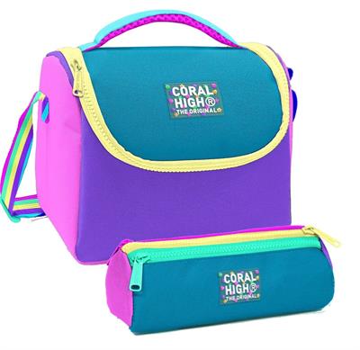 Coral High Pembe Pastel Renkli Desenli Kız Çocuk Isı Yalıtımlı Beslenme Çantası ve Kalemlik Seti