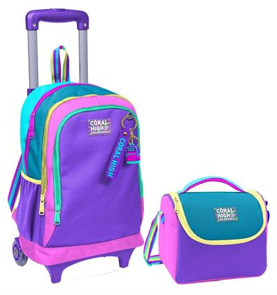 Coral High Pembe Pastel Renkli Işıklı Tekerlekli Okul Çantası ve Beslenme Seti - Kız Çocuk