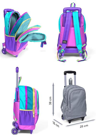 Coral High Pembe Pastel Renkli Işıklı Tekerlekli Okul Çantası ve Beslenme Seti - Kız Çocuk