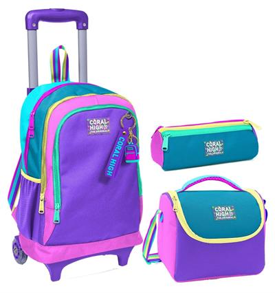 Coral High Pembe Pastel Renkli Üçlü Çekçek Işıklı Tekerlekli Çanta Seti - Kız Çocuk