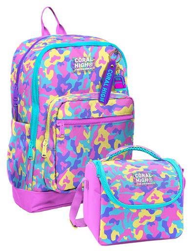 Coral High Pembe Sarı Kamuflaj Kız Çocuk Sırt Çantası ve Beslenme Çantası Seti (4 Gözlü Sırt Çantası)