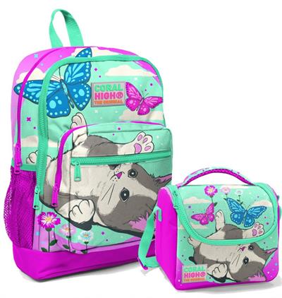 Coral High Pembe Sevimli Kedi ve Kelebek İlköğretim Okul Sırt Çantası ve Beslenme Çanta Seti - Kız Çocuk
