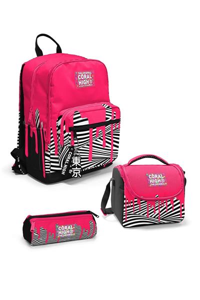 Coral High Pembe Siyah Beyaz Desenli 3lü Okul Çanta Seti SET0123678 - Kız