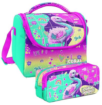 Coral High Pembe Su Yeşili Flamingo Desenli Kız Çocuk Isı Yalıtımlı Beslenme Çantası ve Kalemlik Seti