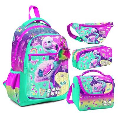 Coral High Pembe Su Yeşili Flamingo Desenli Kız Çocuk Okul Beslenme Kalemlik ve Bel Çantası Seti - İlkokul İçin Uygun