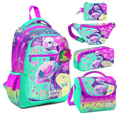 Coral High Pembe Su Yeşili Flamingo Desenli Kız Çocuk Beşli Okul Çanta Seti - İlkokul İçin Uygun