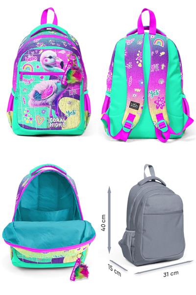 Coral High Pembe Su Yeşili Flamingo Desenli Kız Çocuk İlkokul Çantası ve Günlük Sırt Çantası