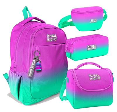 Coral High Pembe Su Yeşili Renk Geçişli Desenli Kız Çocuk Dörtlü Okul Çanta Seti - İlkokul ve Ortaokul İçin Uygun