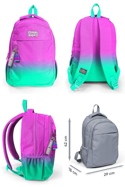Coral High Pembe Su Yeşili Renk Geçişli Desenli Kız Çocuk Beşli Okul Çanta Seti - İlkokul ve Ortaokul İçin Uygun