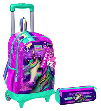 Coral High Pembe Su Yeşili Unicorn Işıklı Tekerlekli Çekçek Çanta ve Kalemlik Seti - Kız Çocuk