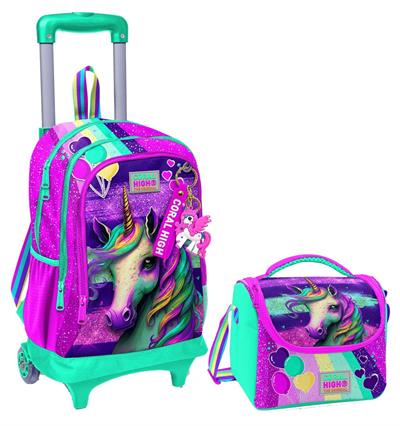 Coral High Pembe Su Yeşili Unicorn Işıklı Tekerlekli Okul Çantası ve Beslenme Seti - Kız Çocuk