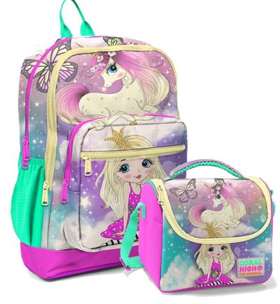 Coral High Pembe Su Yeşili Unicorn Okul Sırt ve Beslenme Çantası Seti - Kız Çocuk - Dört Bölmeli