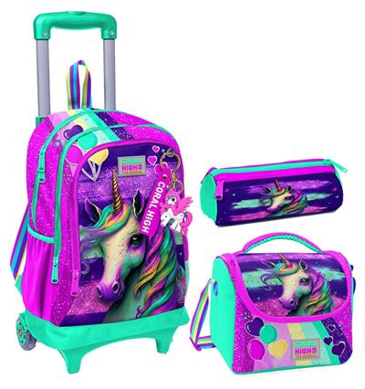 Coral High Pembe Su Yeşili Unicorn Üçlü Çekçek Işıklı Tekerlekli Çanta Seti - Kız Çocuk