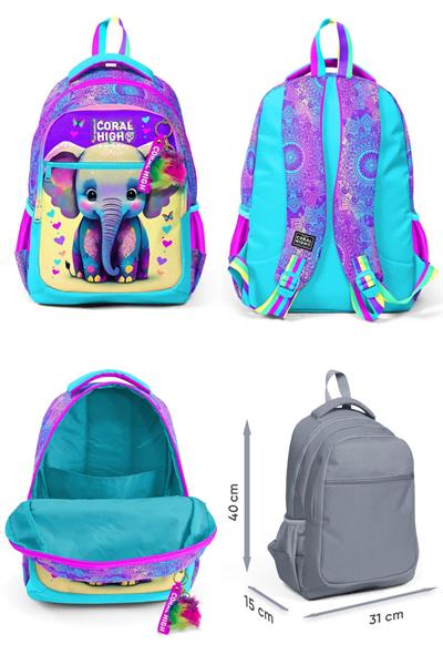 Coral High Pembe Turkuaz Fil Desenli Kız Çocuk İlkokul Çantası ve Günlük Sırt Çantası