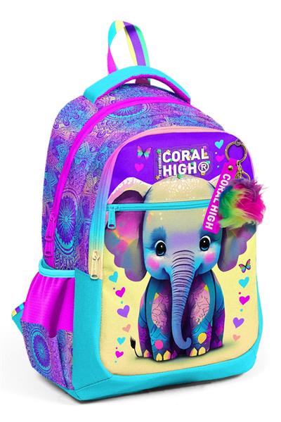 Coral High Pembe Turkuaz Fil Desenli Kız Çocuk İlkokul Çantası ve Günlük Sırt Çantası