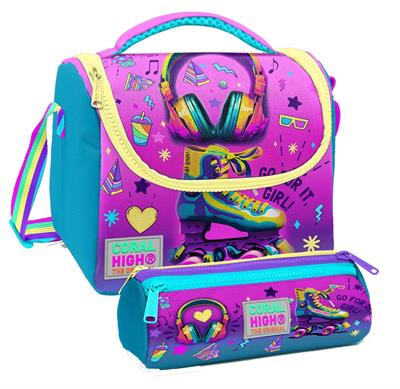 Coral High Pembe Turkuaz Kulaklık Paten Desenli Kız Çocuk Isı Yalıtımlı Beslenme Çantası ve Kalemlik Seti