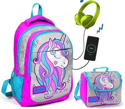 Coral High Pembe Unicorn Okul ve Beslenme Çantası - Kız - USB Soketli