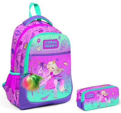 Coral High Pembe Yeşil Unicorn ve Prenses İlkokul Okul Sırt Çantası ve Kalemlik Seti