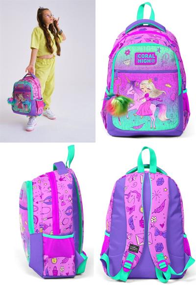 Coral High Pembe Yeşil Unicorn ve Prenses Okul Sırt ve Beslenme Çantası Seti - Kız Çocuk