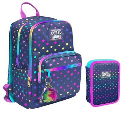 Coral High Puantiyeli Lacivert Kız Çocuk Okul Çantası ve Organizer Kalemlik Seti - İlkokul ve Ortaokul