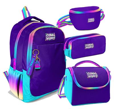 Coral High Rainbow Fermuarlı Mor Desenli Kız Çocuk Dörtlü Okul Çanta Seti - İlkokul ve Ortaokul İçin Uygun