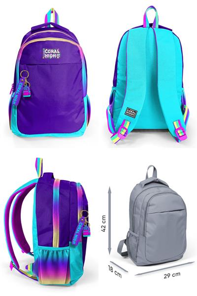 Coral High Rainbow Fermuarlı Mor İlkokul Ortaokul ve Günlük Sırt Çantası - Kız Çocuk