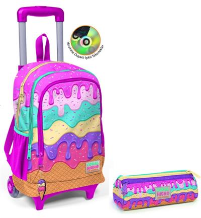 Coral High Rengarenk Dondurma Tekerlekli Okul Çantası ve Kalemlik Seti - Kız Çocuk