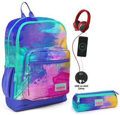 Coral High Renkli Airbrush USB Soketli Okul Çantası ve Kalemlik Seti - Kız Çocuk