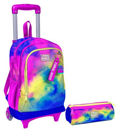 Coral High Renkli Batik Işıklı Tekerlekli Çekçek Çanta ve Kalemlik Seti - Kız Çocuk