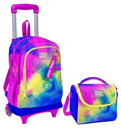 Coral High Renkli Batik Işıklı Tekerlekli Okul Çantası ve Beslenme Seti - Kız Çocuk