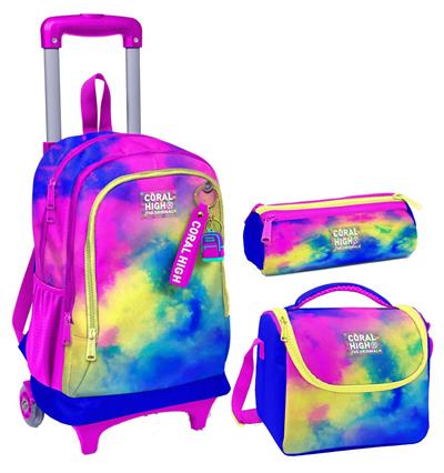 Coral High Renkli Batik Üçlü Çekçek Işıklı Tekerlekli Çanta Seti - Kız Çocuk