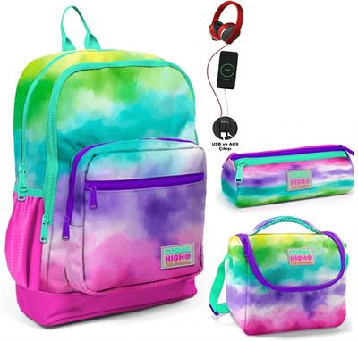 Coral High Renkli Boyama USB Soketli Üçlü İlkokul Çanta Seti - Kız Çocuk