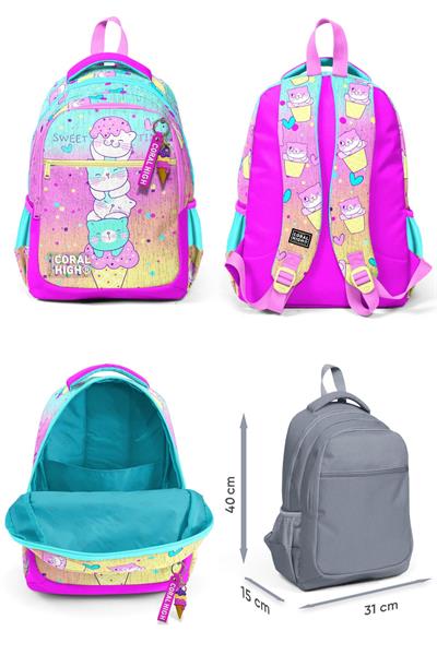 Coral High Renkli Dondurmalı Kedi Desenli Kız Çocuk İlkokul Çantası ve Günlük Sırt Çantası