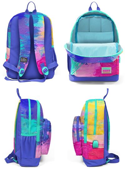 Coral High Renkli Fırça Darbeleri İlkokul ve Günlük Sırt Çantası - Kız Çocuk - USB Soketli