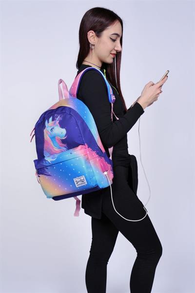 Coral High Renkli Unicorn Desenli Sırt Çantası - Okul ve Günlük - USB+AUX Soketli - Kız
