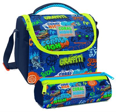 Coral High Saks Grafiti Desenli Erkek Çocuk Isı Yalıtımlı Beslenme Çantası ve Kalemlik Seti