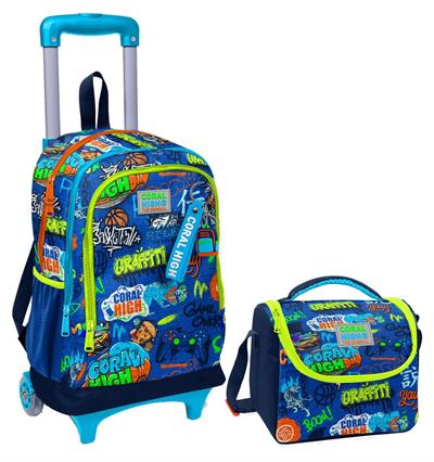 Coral High Saks Grafiti Işıklı Tekerlekli Okul Çantası ve Beslenme Seti - Erkek Çocuk