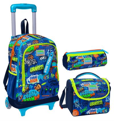 Coral High Saks Grafiti Üçlü Çekçek Işıklı Tekerlekli Çanta Seti - Erkek Çocuk