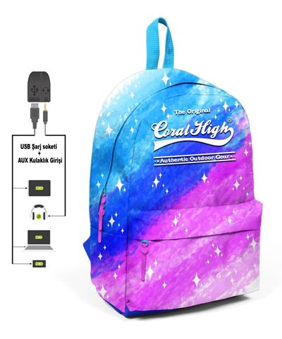Coral High Saks Mavi ve Pembe Desenli Sırt Çantası - Okul ve Günlük - USB+AUX Soketli